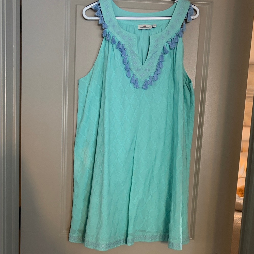 Vineyard Vines Aqua Sleeveless Dress with Blue tassel trim